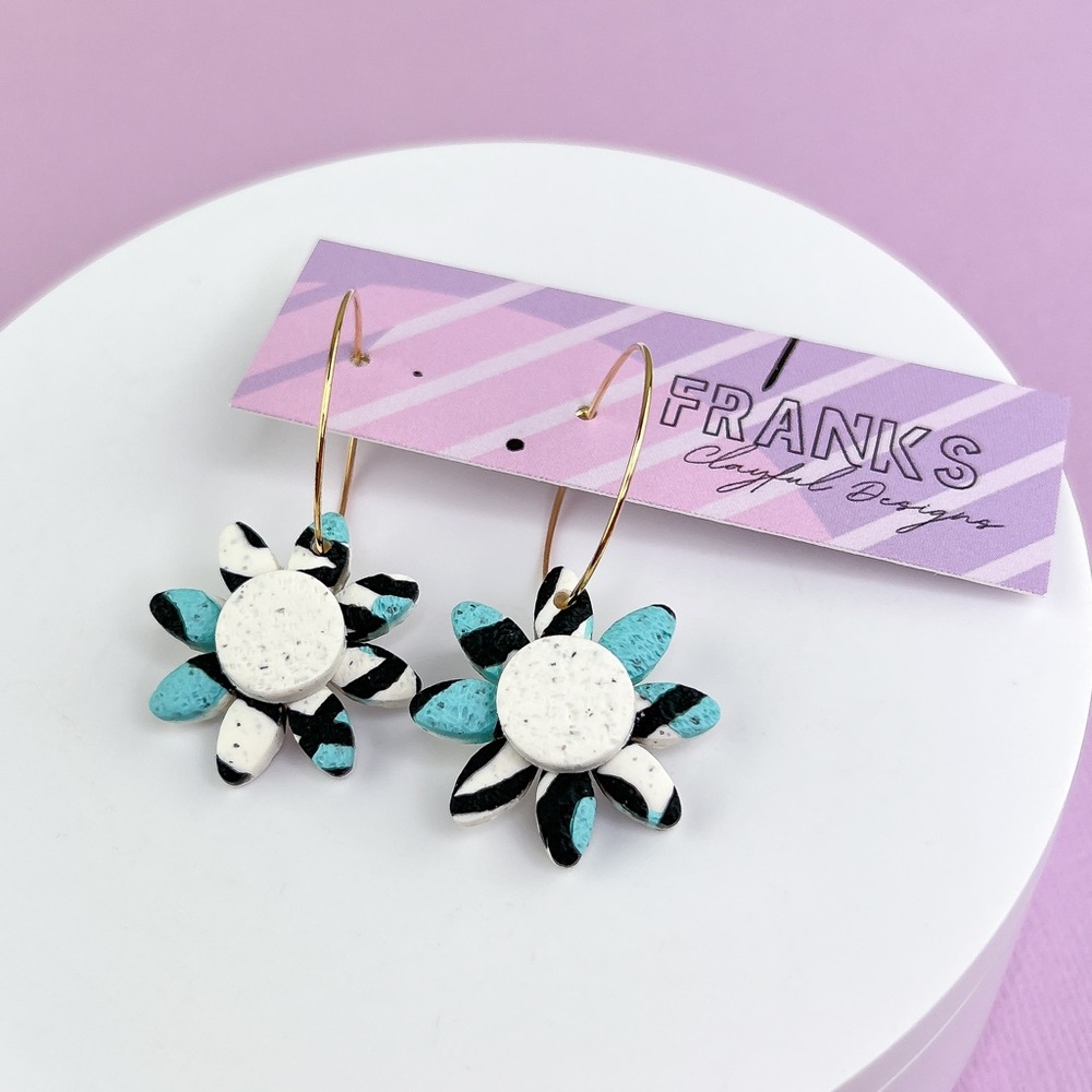 Abstract Flower Handmade Polymer Clay Dangle Hoop Earrings